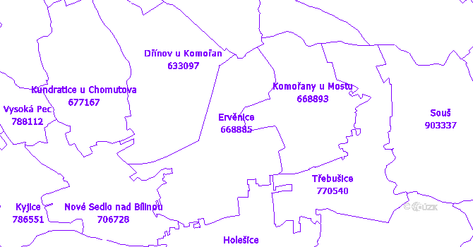Katastrální mapa Ervěnice - přehledová mapa katastrálního území