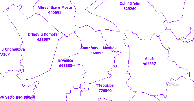 Katastrální mapa Komořany u Mostu - přehledová mapa katastrálního území
