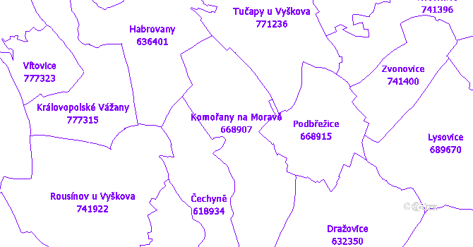 Katastrální mapa Komořany na Moravě - přehledová mapa katastrálního území
