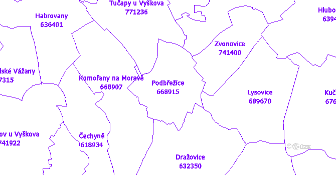 Katastrální mapa Podbřežice - přehledová mapa katastrálního území