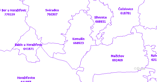 Katastrální mapa Komušín - přehledová mapa katastrálního území