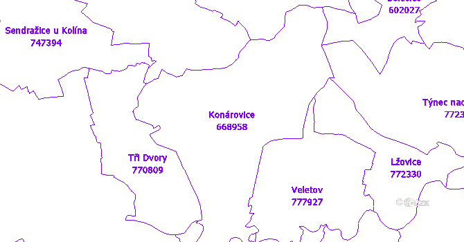 Katastrální mapa Konárovice - přehledová mapa katastrálního území