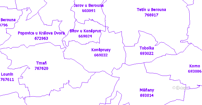 Katastrální mapa Koněprusy - přehledová mapa katastrálního území