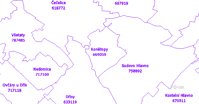 Katastrální mapa Konětopy - přehledová mapa katastrálního území