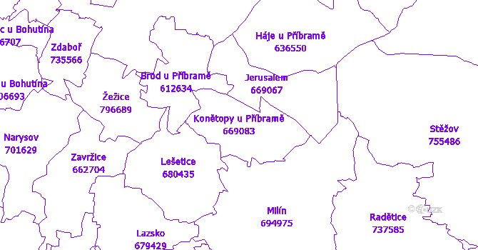 Katastrální mapa Konětopy u Příbramě - přehledová mapa katastrálního území