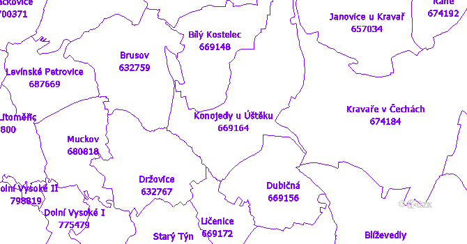 Katastrální mapa Konojedy u Úštěku - přehledová mapa katastrálního území