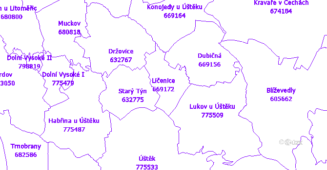 Katastrální mapa Ličenice - přehledová mapa katastrálního území