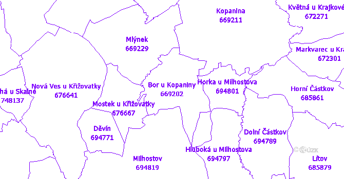 Katastrální mapa Bor u Kopaniny - přehledová mapa katastrálního území