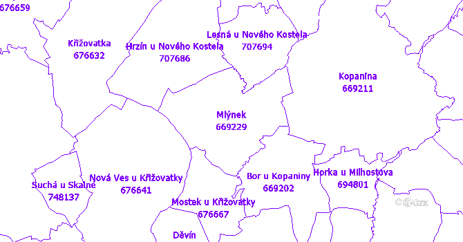 Katastrální mapa Mlýnek - přehledová mapa katastrálního území