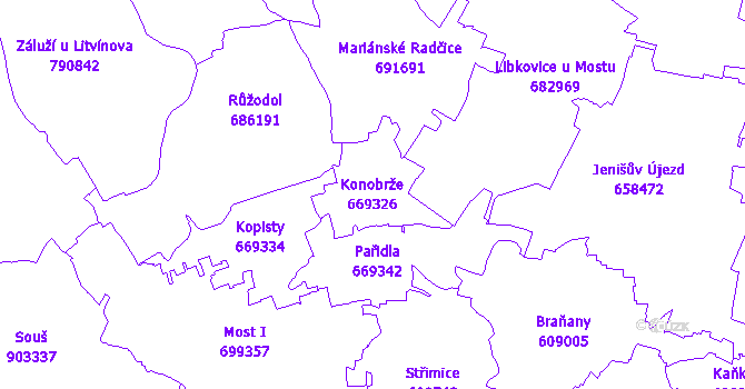 Katastrální mapa Konobrže - přehledová mapa katastrálního území