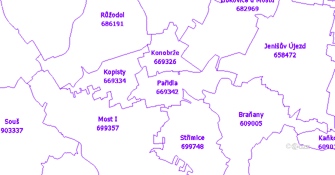 Katastrální mapa Pařidla - přehledová mapa katastrálního území