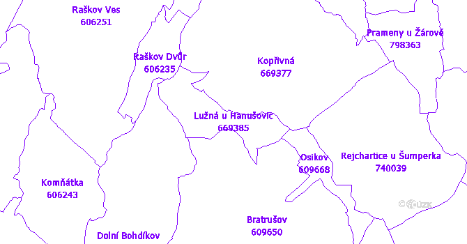 Katastrální mapa Lužná u Hanušovic - přehledová mapa katastrálního území