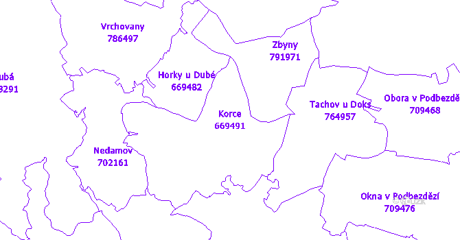 Katastrální mapa Korce - přehledová mapa katastrálního území