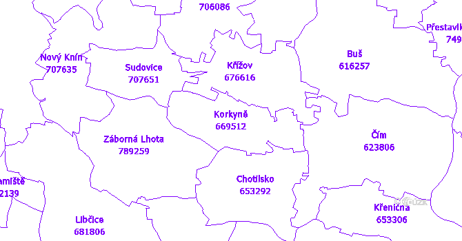 Katastrální mapa Korkyně - přehledová mapa katastrálního území