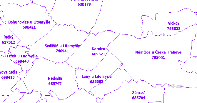 Katastrální mapa Kornice - přehledová mapa katastrálního území