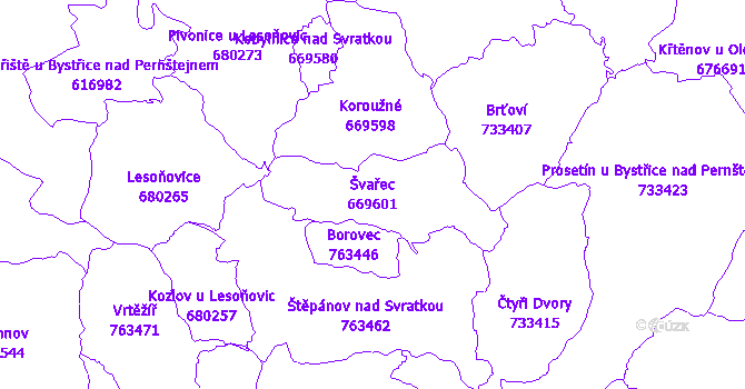 Katastrální mapa Švařec - přehledová mapa katastrálního území