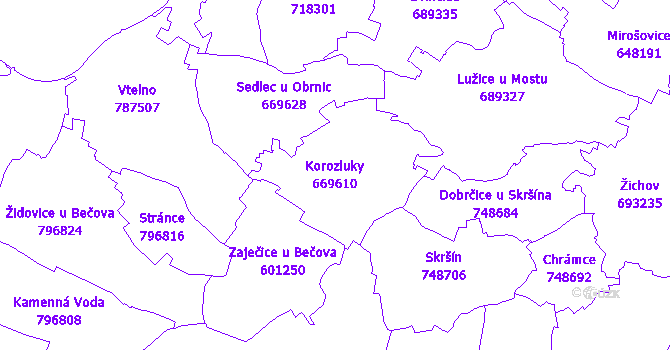 Katastrální mapa Korozluky - přehledová mapa katastrálního území