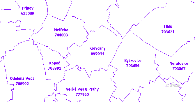 Katastrální mapa Korycany - přehledová mapa katastrálního území