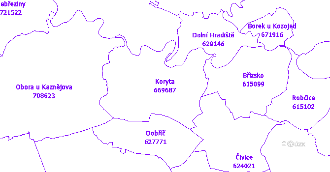 Katastrální mapa Koryta - přehledová mapa katastrálního území