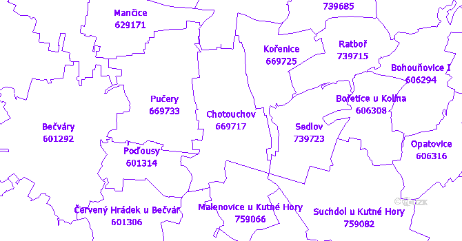 Katastrální mapa Chotouchov - přehledová mapa katastrálního území