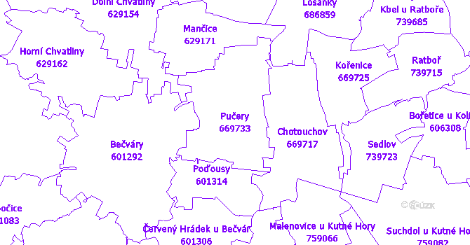 Katastrální mapa Pučery - přehledová mapa katastrálního území