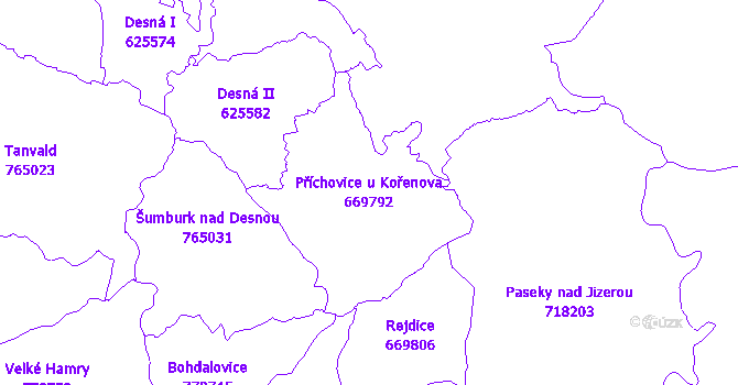 Katastrální mapa Příchovice u Kořenova - přehledová mapa katastrálního území