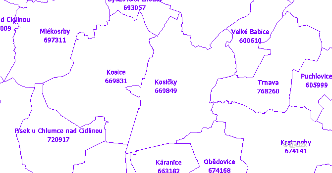Katastrální mapa Kosičky - přehledová mapa katastrálního území
