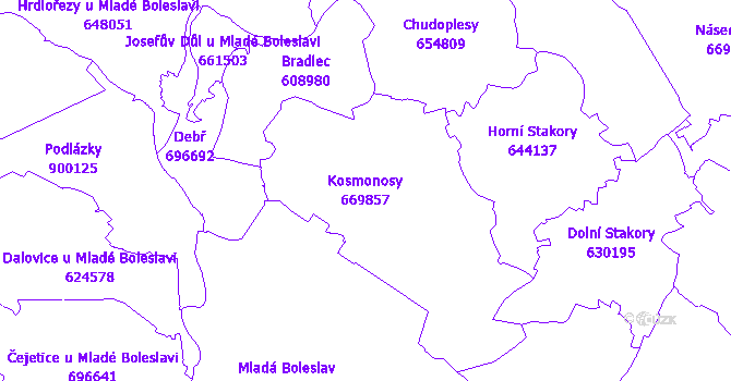 Katastrální mapa Kosmonosy - přehledová mapa katastrálního území