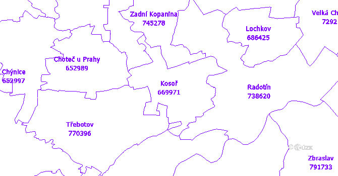 Katastrální mapa Kosoř - přehledová mapa katastrálního území