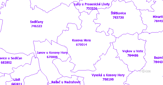 Katastrální mapa Kosova Hora - přehledová mapa katastrálního území