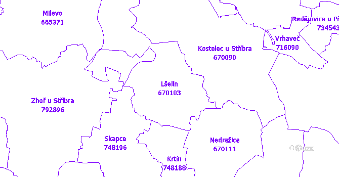 Katastrální mapa Lšelín - přehledová mapa katastrálního území