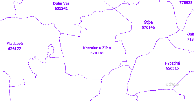Katastrální mapa Kostelec u Zlína - přehledová mapa katastrálního území