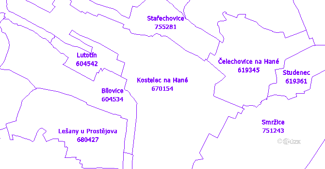 Katastrální mapa Kostelec na Hané - přehledová mapa katastrálního území