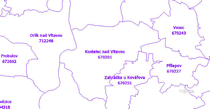 Katastrální mapa Kostelec nad Vltavou - přehledová mapa katastrálního území