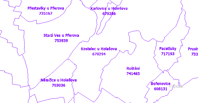 Katastrální mapa Kostelec u Holešova - přehledová mapa katastrálního území