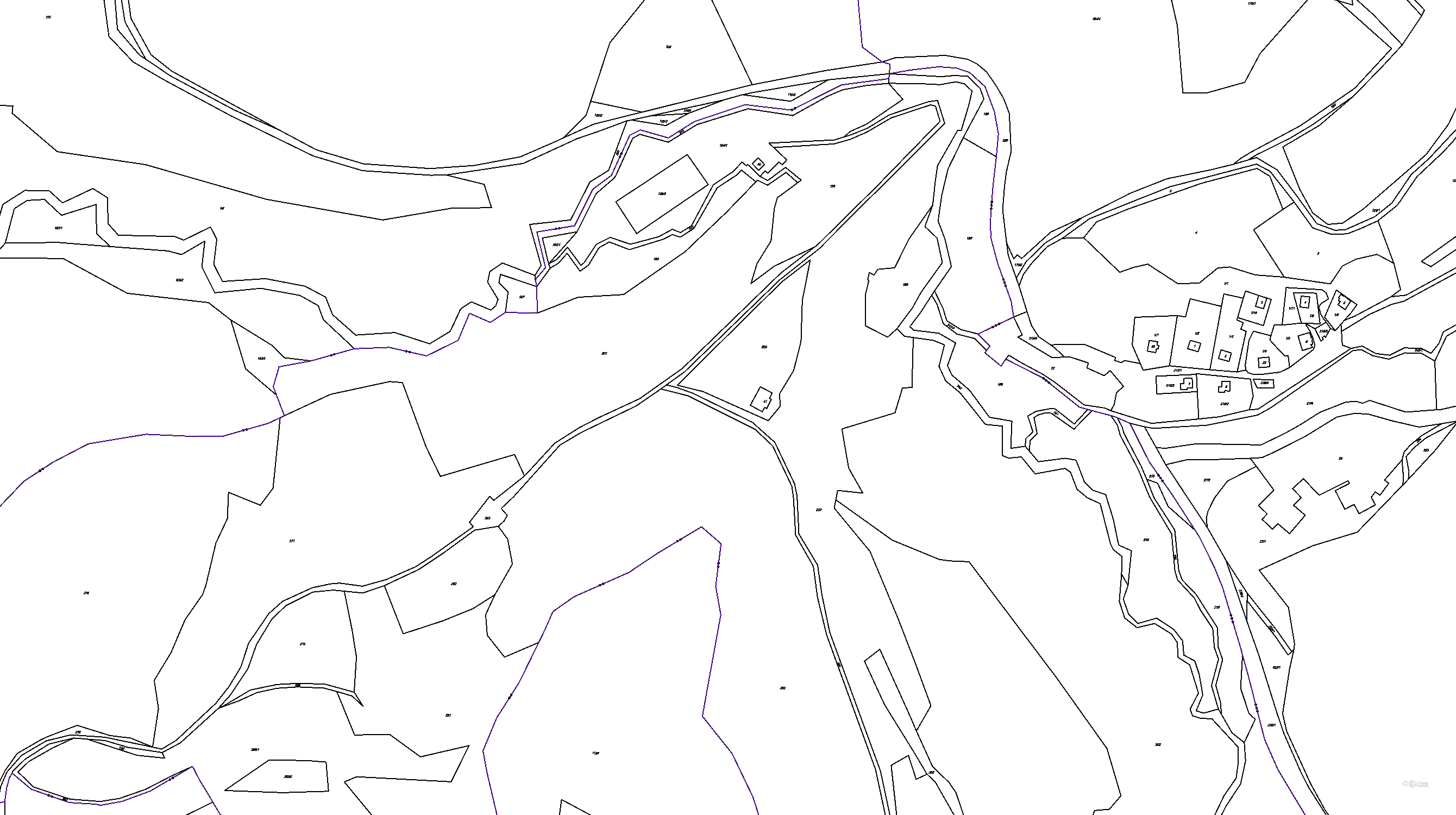 Katastrální mapa pozemků a čísla parcel Bystřina