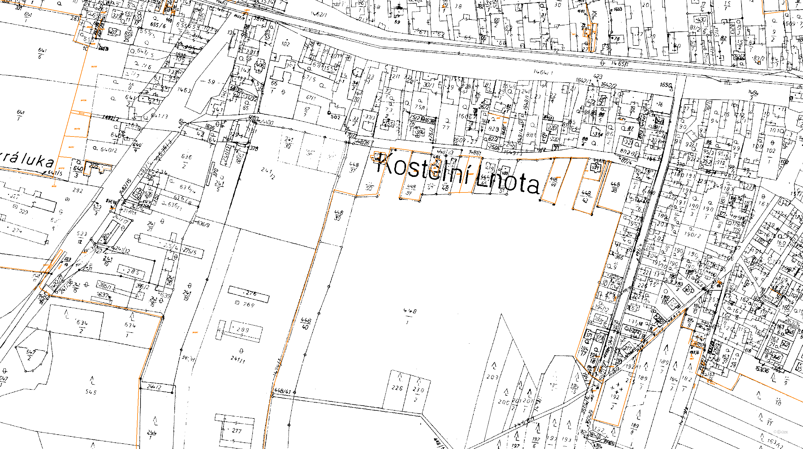 Katastrální mapa pozemků a čísla parcel Kostelní Lhota