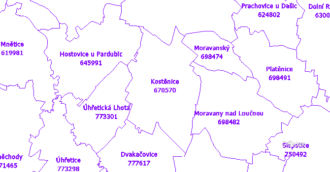 Katastrální mapa Kostěnice - přehledová mapa katastrálního území
