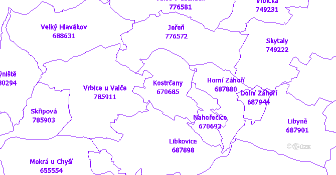 Katastrální mapa Kostrčany - přehledová mapa katastrálního území