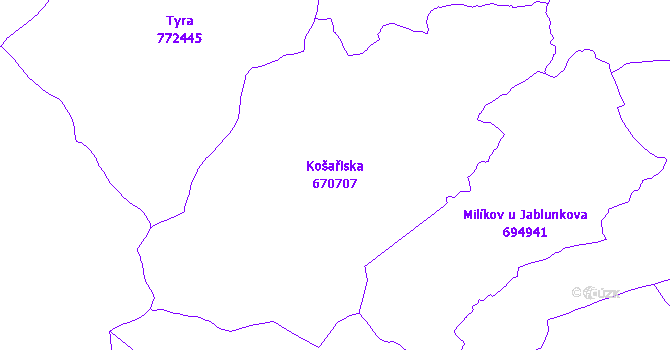 Katastrální mapa Košařiska - přehledová mapa katastrálního území