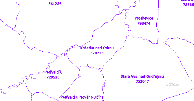 Katastrální mapa Košatka nad Odrou - přehledová mapa katastrálního území