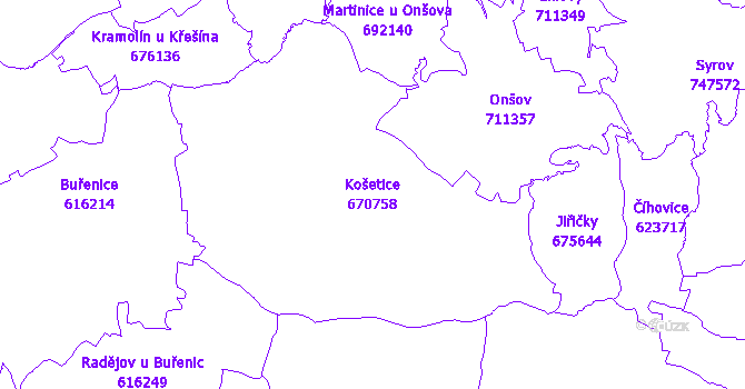 Katastrální mapa Košetice - přehledová mapa katastrálního území