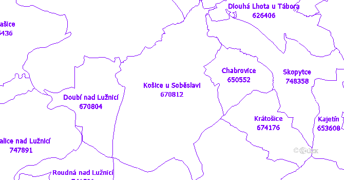 Katastrální mapa Košice u Soběslavi - přehledová mapa katastrálního území