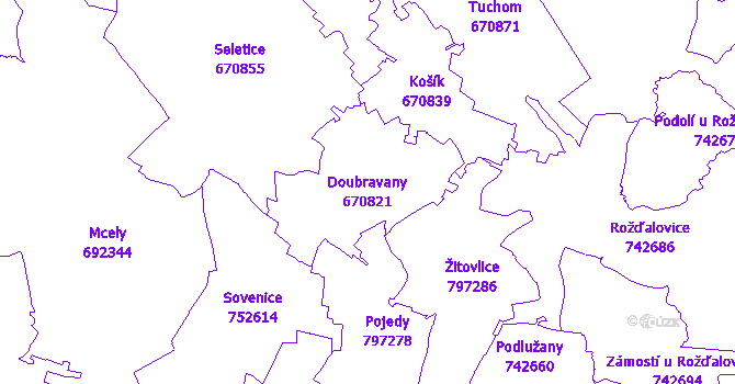 Katastrální mapa Doubravany - přehledová mapa katastrálního území