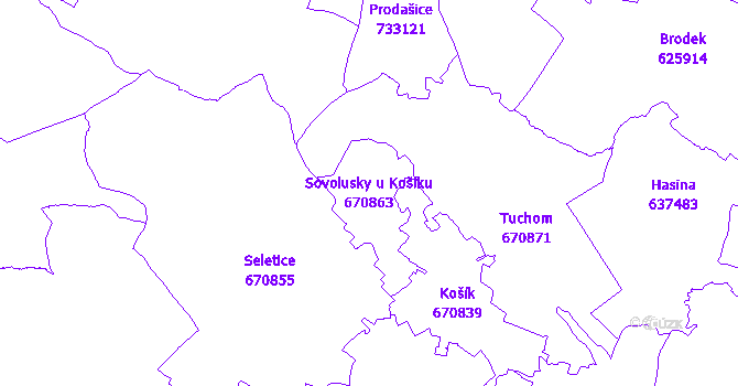 Katastrální mapa Sovolusky u Košíku - přehledová mapa katastrálního území