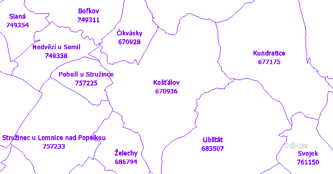 Katastrální mapa Košťálov - přehledová mapa katastrálního území