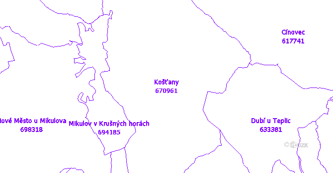 Katastrální mapa Košťany - přehledová mapa katastrálního území