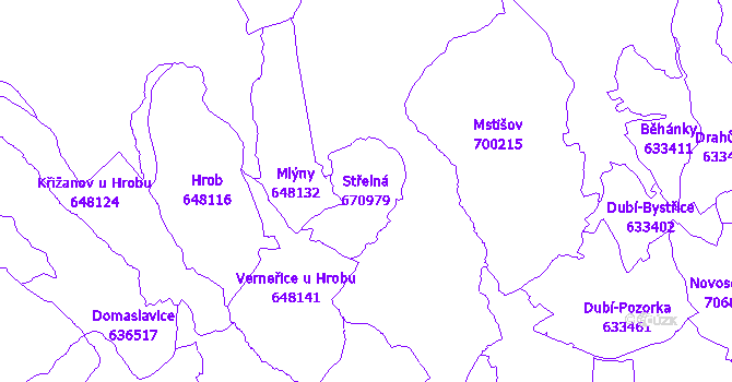 Katastrální mapa Střelná - přehledová mapa katastrálního území