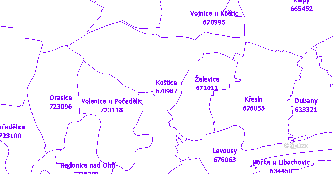 Katastrální mapa Koštice - přehledová mapa katastrálního území