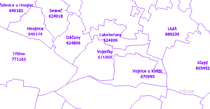 Katastrální mapa Vojničky - přehledová mapa katastrálního území